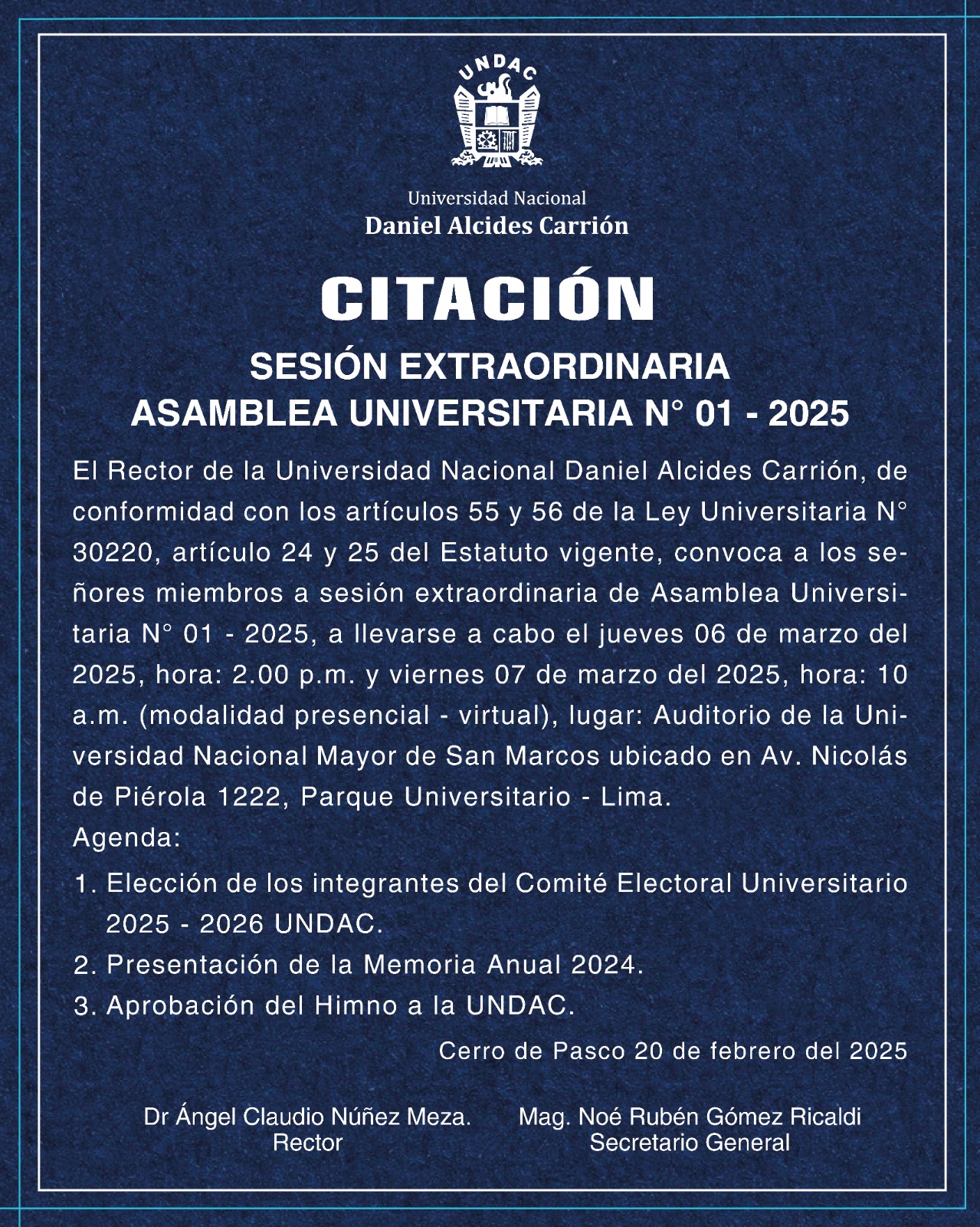 Lee más sobre el artículo Invitación a Sesion Extraordinaria  – Asamblea Universitaria N° 01 -2025